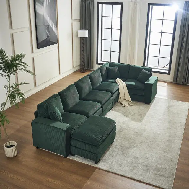 Alt view image 2 of 7 - Modern U Shaped 6-seat Sectional Sofa Couch with one Ottoman and three toss pillows ,Modular Sofa for Living Room,Corduroy sofa