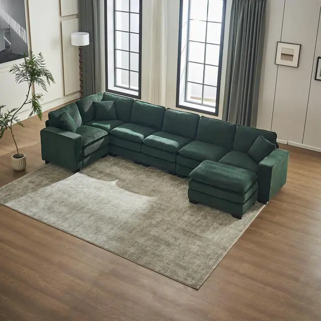 Alt view image 6 of 7 - Modern U Shaped 6-seat Sectional Sofa Couch with one Ottoman and three toss pillows ,Modular Sofa for Living Room,Corduroy sofa