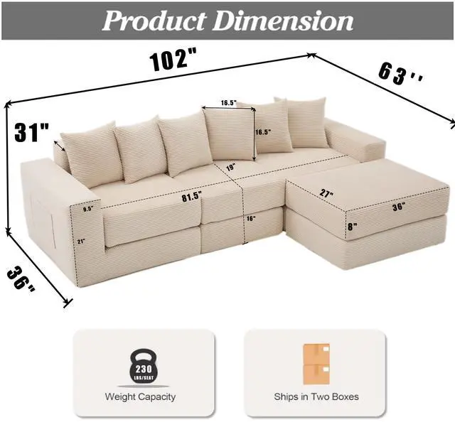 Alt view image 5 of 7 - [NEW ARRIVED] [VIDEO PROVIDED]10-in-1 Convertible Sofa Sectional ,Corner Couch , Convertible Floor Sleeper Sofa,Corduroy,Side Pocket,No Assembly,DIY,L Shaped Modular Sofa,6 Pillows,Beige