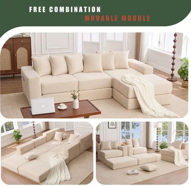 Alt view image 2 of 7 - [NEW ARRIVED] [VIDEO PROVIDED]10-in-1 Convertible Sofa Sectional ,Corner Couch , Convertible Floor Sleeper Sofa,Corduroy,Side Pocket,No Assembly,DIY,L Shaped Modular Sofa,6 Pillows,Beige