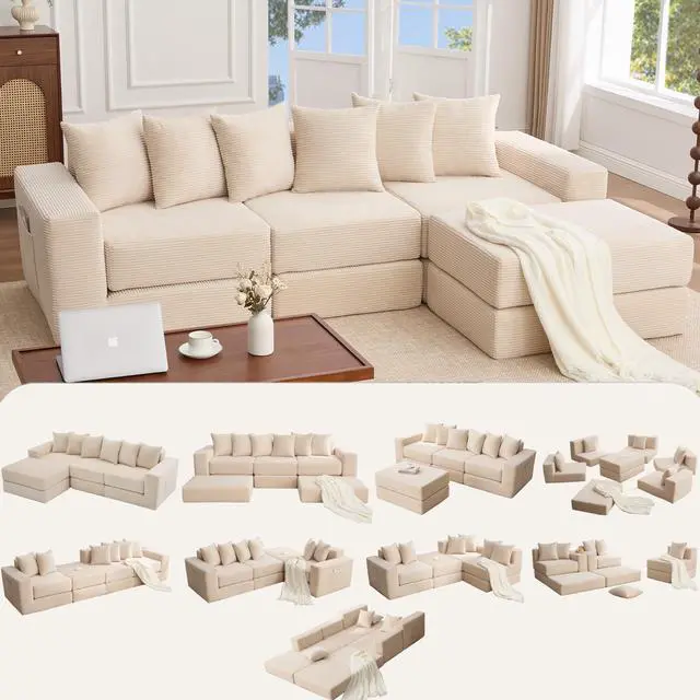Main image of [NEW ARRIVED] [VIDEO PROVIDED]10-in-1 Convertible Sofa Sectional ,Corner Couch , Convertible Floor Sleeper Sofa,Corduroy,Side Pocket,No Assembly,DIY,L Shaped Modular Sofa,6 Pillows,Beige