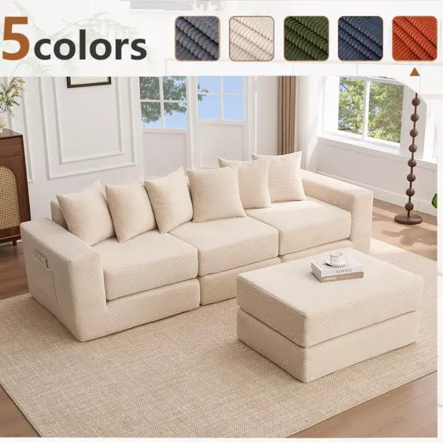 Alt view image 3 of 7 - [NEW ARRIVED] [VIDEO PROVIDED]10-in-1 Convertible Sofa Sectional ,Corner Couch , Convertible Floor Sleeper Sofa,Corduroy,Side Pocket,No Assembly,DIY,L Shaped Modular Sofa,6 Pillows,Beige