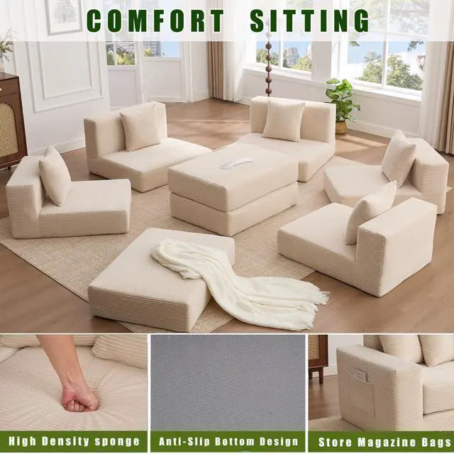 Alt view image 4 of 7 - [NEW ARRIVED] [VIDEO PROVIDED]10-in-1 Convertible Sofa Sectional ,Corner Couch , Convertible Floor Sleeper Sofa,Corduroy,Side Pocket,No Assembly,DIY,L Shaped Modular Sofa,6 Pillows,Beige