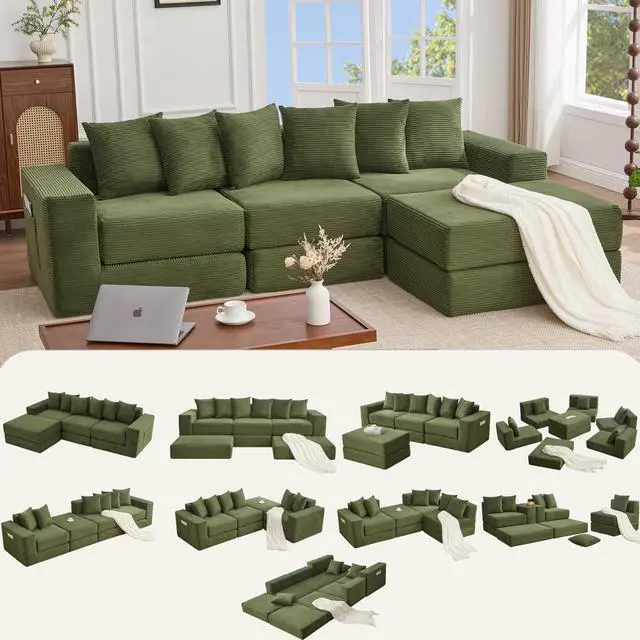Main image of [NEW ARRIVED] [VIDEO PROVIDED]10-in-1 Convertible Sofa Sectional ,Corner Couch , Convertible Floor Sleeper Sofa,Corduroy,Side Pocket,No Assembly,DIY,L Shaped Modular Sofa,6 Pillows,Green