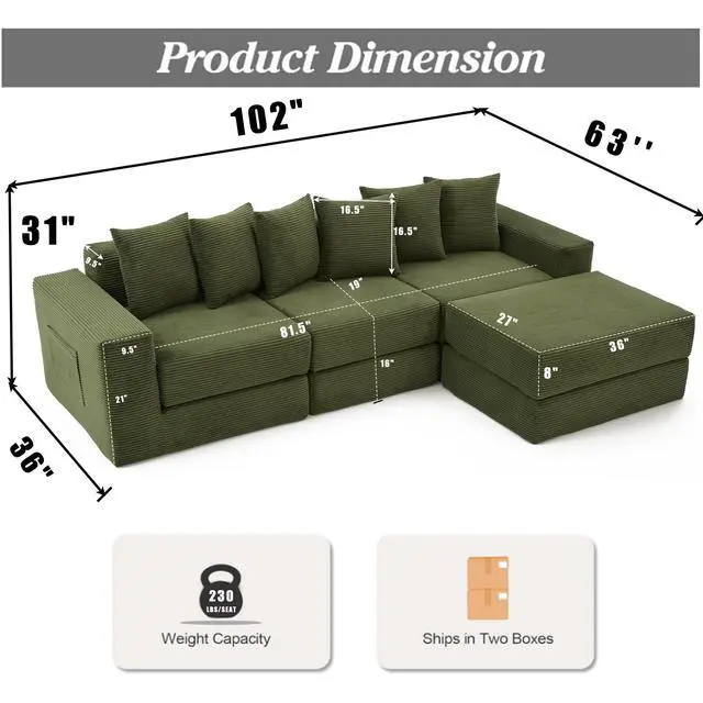 Alt view image 5 of 7 - [NEW ARRIVED] [VIDEO PROVIDED]10-in-1 Convertible Sofa Sectional ,Corner Couch , Convertible Floor Sleeper Sofa,Corduroy,Side Pocket,No Assembly,DIY,L Shaped Modular Sofa,6 Pillows,Green