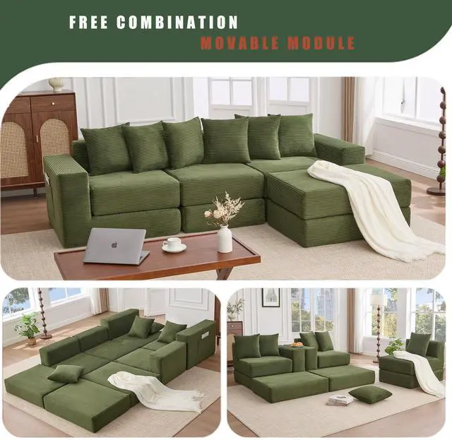 Alt view image 2 of 7 - [NEW ARRIVED] [VIDEO PROVIDED]10-in-1 Convertible Sofa Sectional ,Corner Couch , Convertible Floor Sleeper Sofa,Corduroy,Side Pocket,No Assembly,DIY,L Shaped Modular Sofa,6 Pillows,Green
