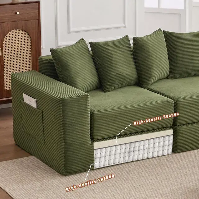 Alt view image 7 of 7 - [NEW ARRIVED] [VIDEO PROVIDED]10-in-1 Convertible Sofa Sectional ,Corner Couch , Convertible Floor Sleeper Sofa,Corduroy,Side Pocket,No Assembly,DIY,L Shaped Modular Sofa,6 Pillows,Green