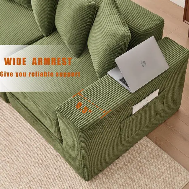 Alt view image 6 of 7 - [NEW ARRIVED] [VIDEO PROVIDED]10-in-1 Convertible Sofa Sectional ,Corner Couch , Convertible Floor Sleeper Sofa,Corduroy,Side Pocket,No Assembly,DIY,L Shaped Modular Sofa,6 Pillows,Green