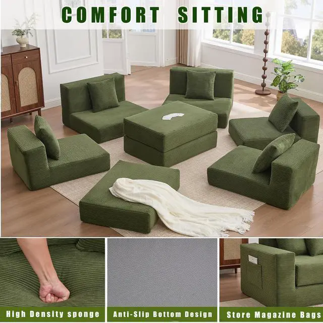 Alt view image 4 of 7 - [NEW ARRIVED] [VIDEO PROVIDED]10-in-1 Convertible Sofa Sectional ,Corner Couch , Convertible Floor Sleeper Sofa,Corduroy,Side Pocket,No Assembly,DIY,L Shaped Modular Sofa,6 Pillows,Green