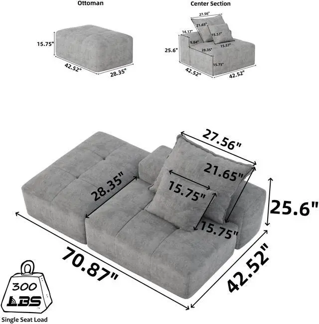Alt view image 4 of 6 - Modern Oversized Modular Sectional Sofa,Sparkling Chenille Fabric Soft Cushion Sofa with 2 Pillows,DIY Combination Tufted Sofa,No Assembly Required