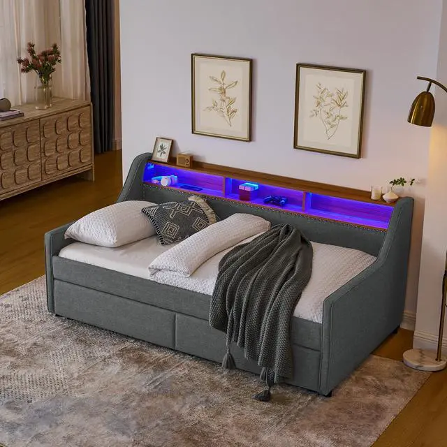 Main image of Twin Size Upholstery Sofa Bed with Three LED lights, with Storage Adjustable Headboard, with Two Storage Pull Up drawers and Wireless Charging, Linen Padded Sofa Bed frame, Grey