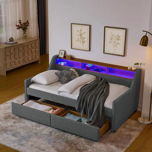 Alt view image 3 of 7 - Twin Size Upholstery Sofa Bed with Three LED lights, with Storage Adjustable Headboard, with Two Storage Pull Up drawers and Wireless Charging, Linen Padded Sofa Bed frame, Grey