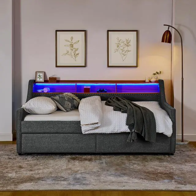 Alt view image 2 of 7 - Twin Size Upholstery Sofa Bed with Three LED lights, with Storage Adjustable Headboard, with Two Storage Pull Up drawers and Wireless Charging, Linen Padded Sofa Bed frame, Grey