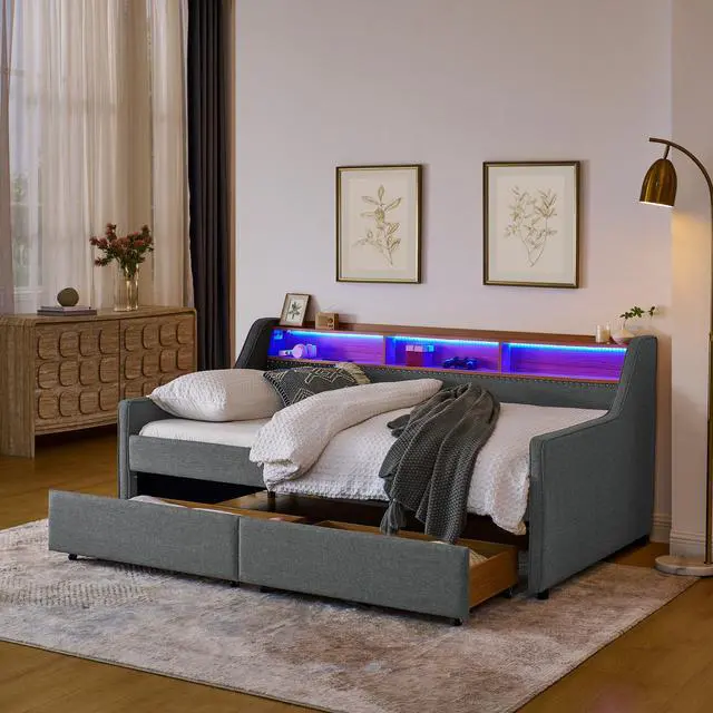 Alt view image 4 of 7 - Twin Size Upholstery Sofa Bed with Three LED lights, with Storage Adjustable Headboard, with Two Storage Pull Up drawers and Wireless Charging, Linen Padded Sofa Bed frame, Grey