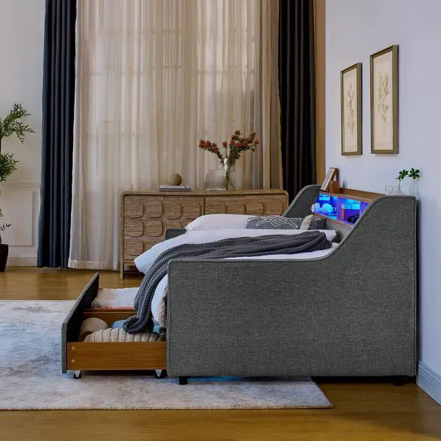 Alt view image 5 of 7 - Twin Size Upholstery Sofa Bed with Three LED lights, with Storage Adjustable Headboard, with Two Storage Pull Up drawers and Wireless Charging, Linen Padded Sofa Bed frame, Grey