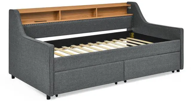 Alt view image 7 of 7 - Twin Size Upholstery Sofa Bed with Three LED lights, with Storage Adjustable Headboard, with Two Storage Pull Up drawers and Wireless Charging, Linen Padded Sofa Bed frame, Grey