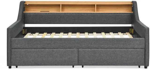 Alt view image 6 of 7 - Twin Size Upholstery Sofa Bed with Three LED lights, with Storage Adjustable Headboard, with Two Storage Pull Up drawers and Wireless Charging, Linen Padded Sofa Bed frame, Grey