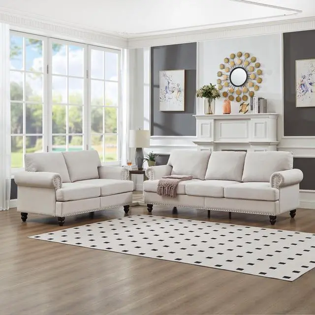 Alt view image 2 of 6 - Modern Classic Design with Nails Living Room 2+3 seater Sofa Fabric Couch,Upholstered Polyester Beige.