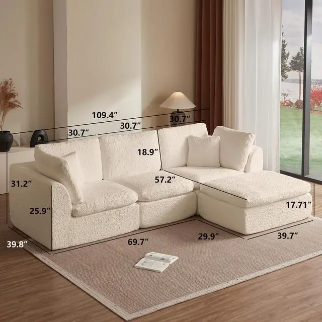 Alt view image 2 of 6 - 110" Cloud Sectional Couches for Living Room, Convertible L-Shape Couch with Ottoman, 3 Seater Modular Sectional Sofa, Warm White Beige