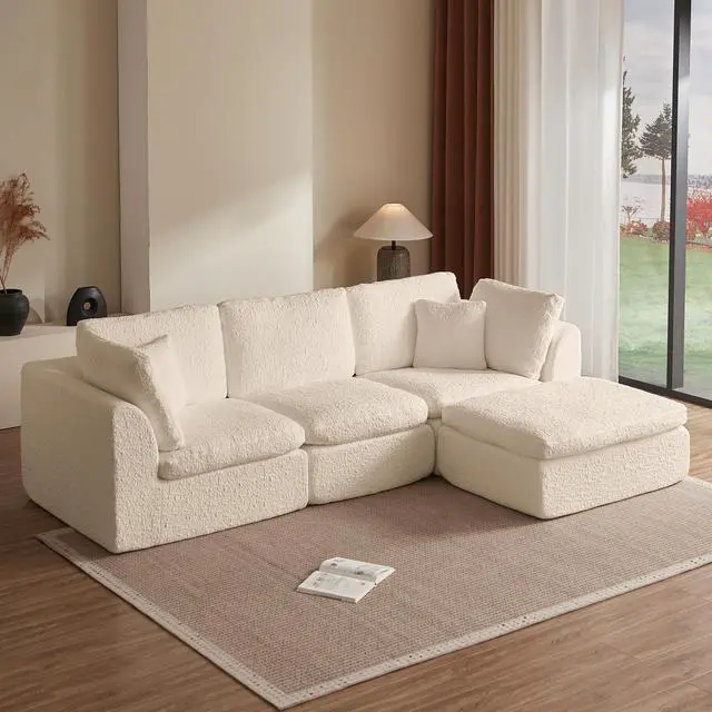 Main image of 110" Cloud Sectional Couches for Living Room, Convertible L-Shape Couch with Ottoman, 3 Seater Modular Sectional Sofa, Warm White Beige