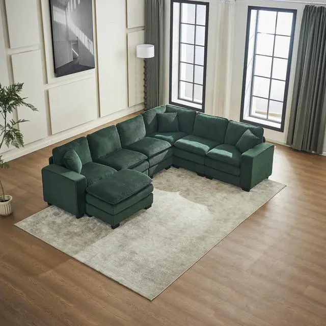 Alt view image 5 of 7 - Modern U Shaped 6-seat Sectional Sofa Couch with one Ottoman and three toss pillows ,Modular Sofa for Living Room,Corduroy sofa
