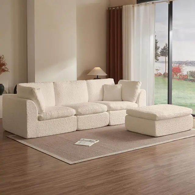 Alt view image 3 of 6 - 110" Cloud Sectional Couches for Living Room, Convertible L-Shape Couch with Ottoman, 3 Seater Modular Sectional Sofa, Warm White Beige