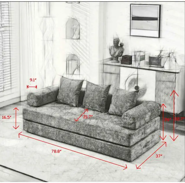 Alt view image 6 of 7 - Comfy Convertible Folding Mattress Couch, Floor Sofa Bed, Chenille Floor Sofa with Armrest, Floor Sofa Lounge Couch for Living Room Bedroom Lounge Studio-Gray,SF503GY