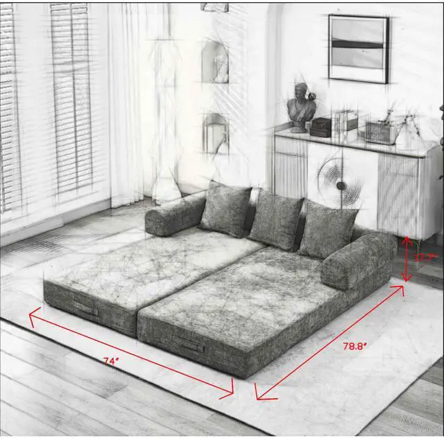 Alt view image 7 of 7 - Comfy Convertible Folding Mattress Couch, Floor Sofa Bed, Chenille Floor Sofa with Armrest, Floor Sofa Lounge Couch for Living Room Bedroom Lounge Studio-Gray,SF503GY