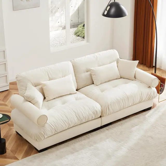 Main image of Large Size Modern Two-seater Sofa with Bolstered Armrests,Velvet 2-Seater Sofa With Waist Pillows and Throw Pillows , Suitable for Living Room , Loft, Working Spaces , Hallway and Bedroom,Cream