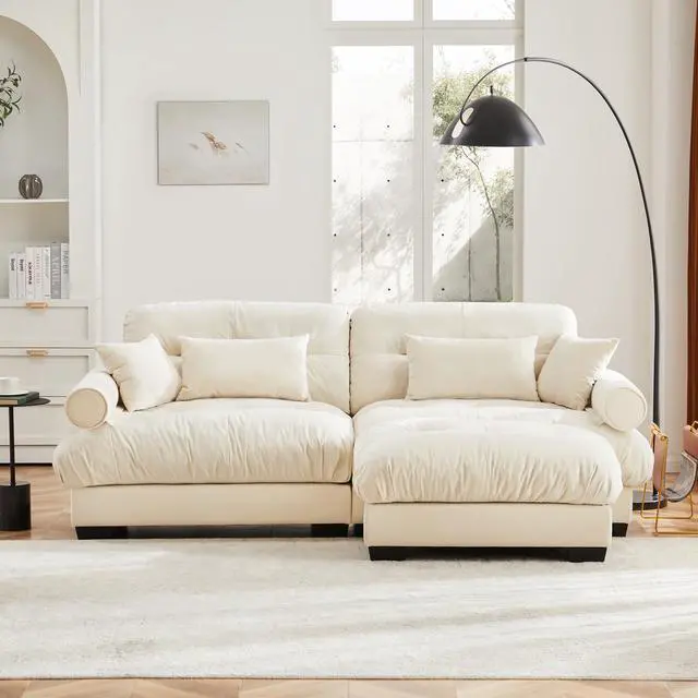 Alt view image 2 of 7 - Over Size Modern Two-seater Sofa with Ottoman, Velvet 2-Seater with Round Bolster Armrests,With Waist Pillow and Throw Pillows,Small L Shape Sofa For Living Room, Reading Room , Loft and Bedroom,Cream