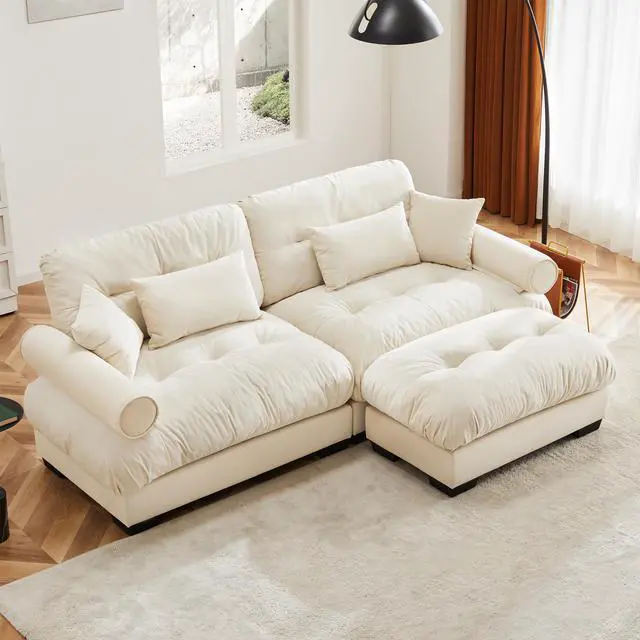 Main image of Over Size Modern Two-seater Sofa with Ottoman, Velvet 2-Seater with Round Bolster Armrests,With Waist Pillow and Throw Pillows,Small L Shape Sofa For Living Room, Reading Room , Loft and Bedroom,Cream