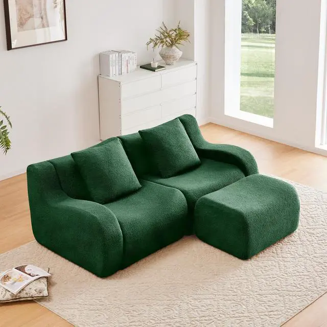 Alt view image 2 of 7 - L-Shaped Teddy Fabric 2-Seat Boneless Sofa,No Assembly Required Curved Armrest,Streamlined Design Ergonomic Design,32D High Density Sponge For Living Rooms Rest Areas Bedroom,Green