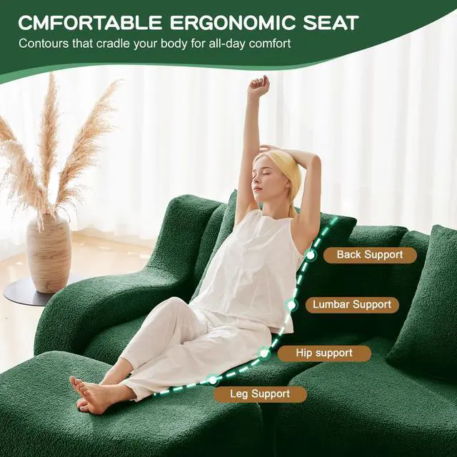 Alt view image 7 of 7 - L-Shaped Teddy Fabric 2-Seat Boneless Sofa,No Assembly Required Curved Armrest,Streamlined Design Ergonomic Design,32D High Density Sponge For Living Rooms Rest Areas Bedroom,Green