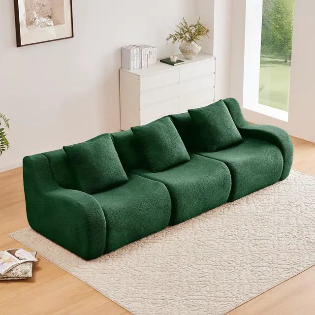 Alt view image 2 of 7 - Boneless Sofa,3 Seat High-Quality Teddy Fabric,Anti-Slip Design,No Assembly Curved Armrests Streamlined,32D High Density Sponge For Living Rooms Bedrooms Reading Nook,Green