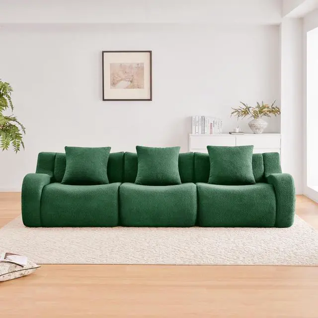 Alt view image 3 of 7 - Boneless Sofa,3 Seat High-Quality Teddy Fabric,Anti-Slip Design,No Assembly Curved Armrests Streamlined,32D High Density Sponge For Living Rooms Bedrooms Reading Nook,Green