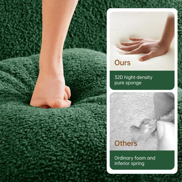 Alt view image 5 of 7 - L-Shaped Teddy Fabric 2-Seat Boneless Sofa,No Assembly Required Curved Armrest,Streamlined Design Ergonomic Design,32D High Density Sponge For Living Rooms Rest Areas Bedroom,Green