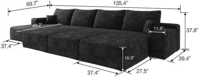 Alt view image 6 of 6 - 135"Large size modular cloud sofa 6 seats down sofa bed apartment living room sofa ,No Assembly Required,Black(Plush Corduroy Fabric)