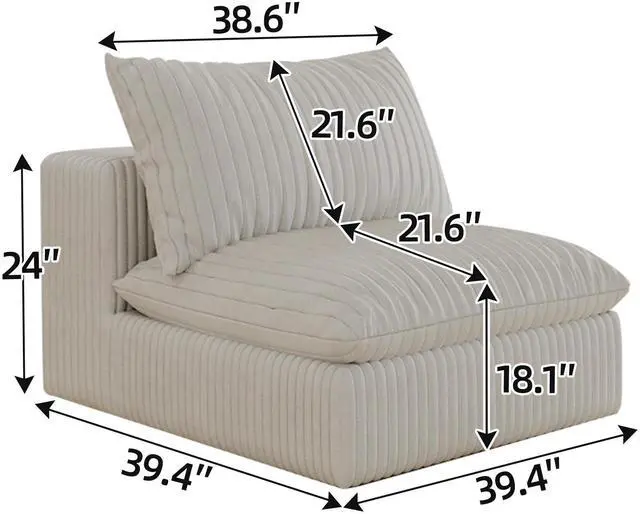 Alt view image 4 of 6 - Cloud Sofa,Corduroy Fabric,Deep Seat Couches,Double-layer design,Removable  Cushion,No Assembly, DIY Combination for Living room, Bedroom,Conference room ,Apartment,White