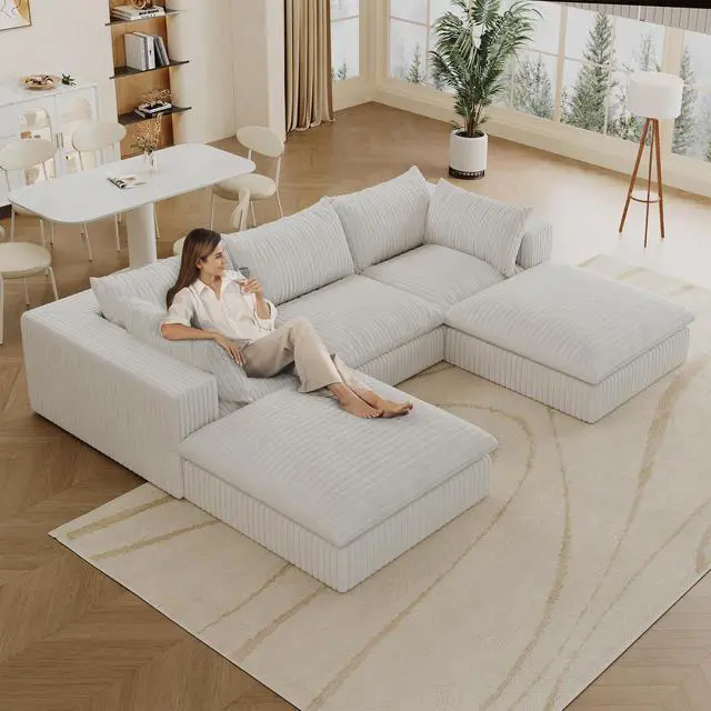 Alt view image 2 of 7 - 118.2" Cloud Sofa,Corduroy Fabric,Deep Seat Couches,Double-layer design,Removable Cushion,No Assembly, DIY Combination for Living room, Bedroom,Conference room ,Apartment,White