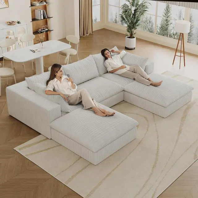 Alt view image 4 of 7 - 118.2" Cloud Sofa,Corduroy Fabric,Deep Seat Couches,Double-layer design,Removable Cushion,No Assembly, DIY Combination for Living room, Bedroom,Conference room ,Apartment,White