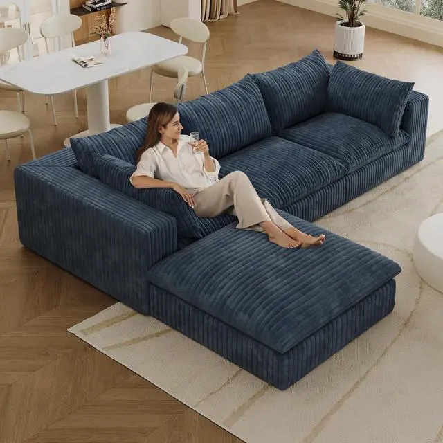 Alt view image 2 of 7 - 118.2" Cloud Sofa,Corduroy Fabric,Deep Seat Couches,Double-layer design,Removable Cushion,No Assembly, DIY Combination for Living room, Bedroom,Conference room ,Apartment,Blue