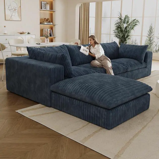 Alt view image 3 of 7 - 118.2" Cloud Sofa,Corduroy Fabric,Deep Seat Couches,Double-layer design,Removable Cushion,No Assembly, DIY Combination for Living room, Bedroom,Conference room ,Apartment,Blue