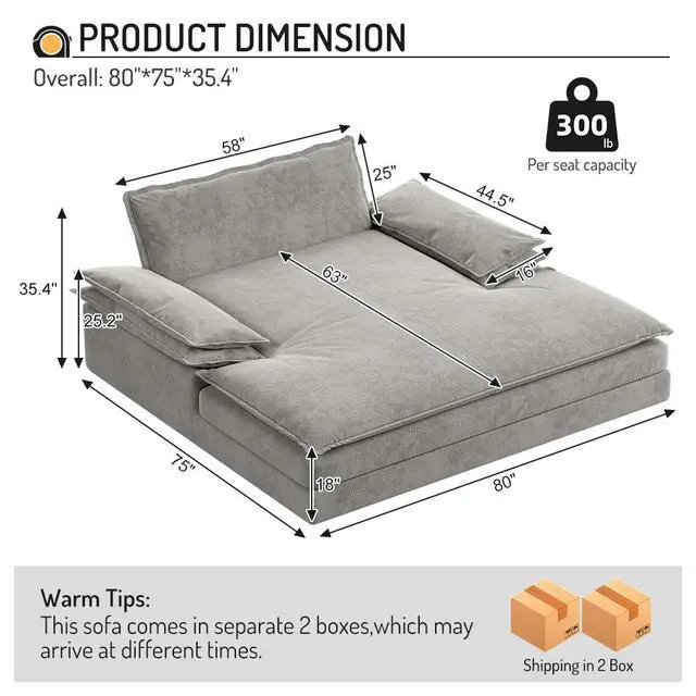 Alt view image 6 of 6 - Modern Oversized Double Chaise Lounge Chair,Deep Seat Upholstered Reading Chair with Detachable Design,Chenille Lazy Sofa w/ Large Pillows & Wide Armrests,Suitable for Living Rooms, Apartments