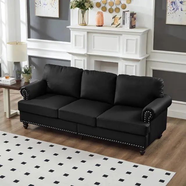 Main image of 83" Modern Classic Design with Nails Living Room Sofa Leather Couch,Upholstered Imitation Cowhide Leather Black
