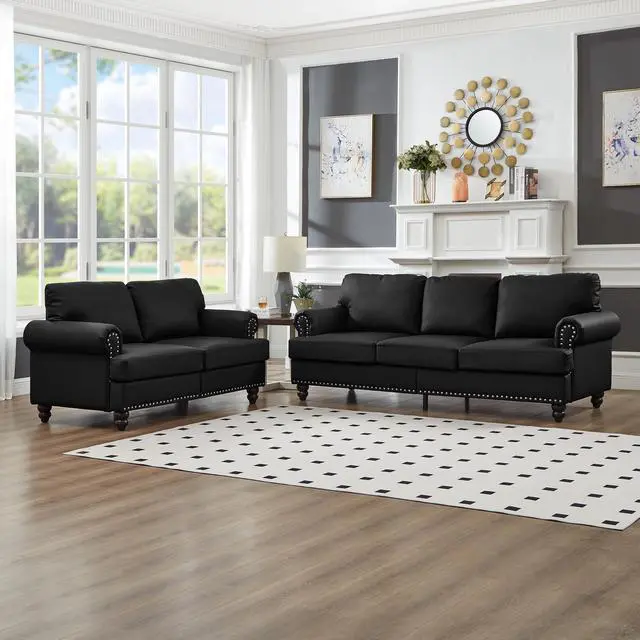 Alt view image 2 of 7 - Modern Classic Design with Nails Living Room 2+3 seater Loveseat & Sofa Leather Couch,Upholstered Imitation Cowhide Leather Black