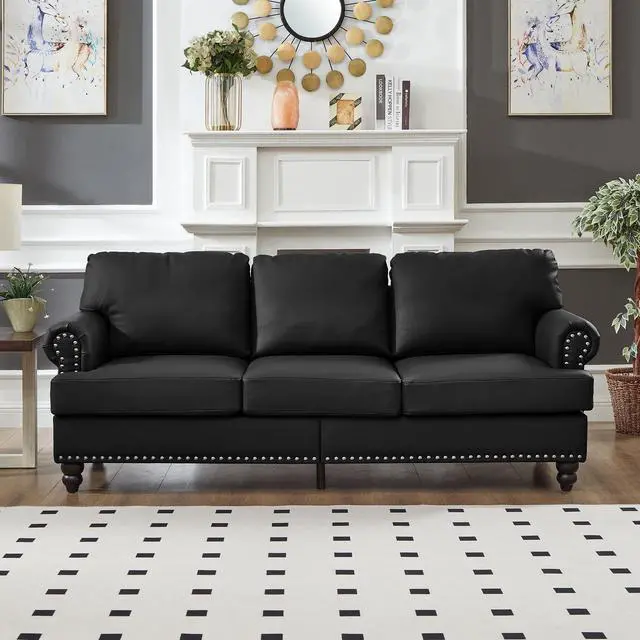 Alt view image 3 of 7 - 83" Modern Classic Design with Nails Living Room Sofa Leather Couch,Upholstered Imitation Cowhide Leather Black