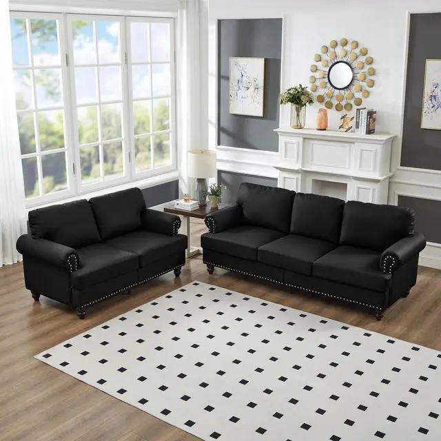 Main image of Modern Classic Design with Nails Living Room 2+3 seater Loveseat & Sofa Leather Couch,Upholstered Imitation Cowhide Leather Black
