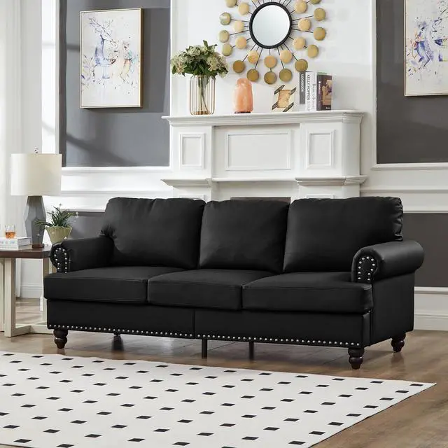 Alt view image 5 of 7 - Modern Classic Design with Nails Living Room 2+3 seater Loveseat & Sofa Leather Couch,Upholstered Imitation Cowhide Leather Black