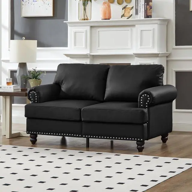 Alt view image 4 of 7 - Modern Classic Design with Nails Living Room 2+3 seater Loveseat & Sofa Leather Couch,Upholstered Imitation Cowhide Leather Black