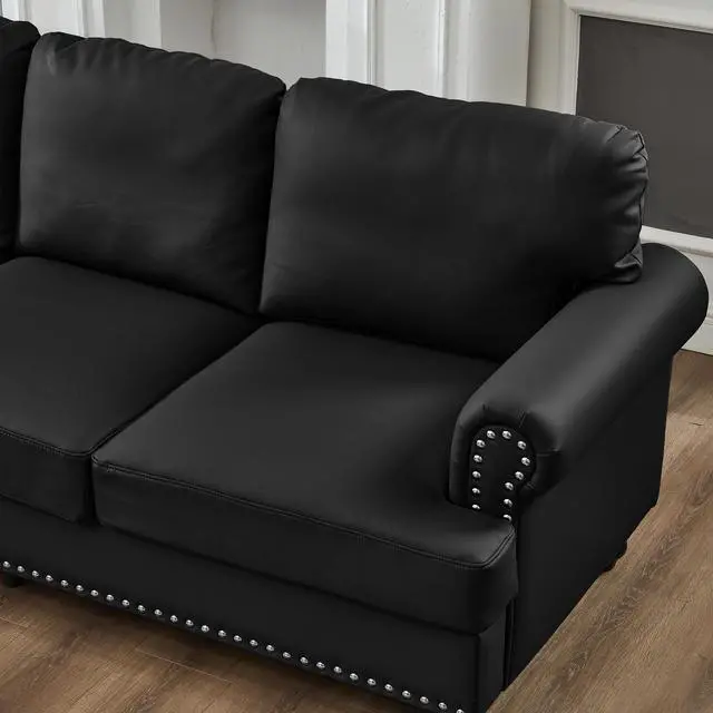 Alt view image 7 of 7 - Modern Classic Design with Nails Living Room 2+3 seater Loveseat & Sofa Leather Couch,Upholstered Imitation Cowhide Leather Black